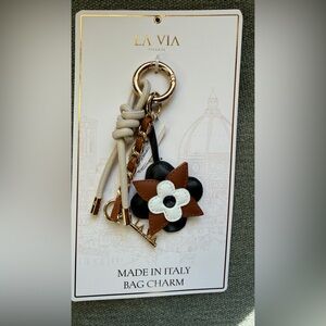 La Via  Firenze leather Brown and White Floral Bag Charm